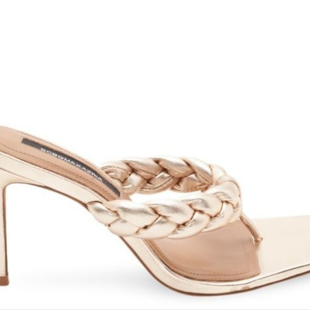BCBGMaxazria Bella Braided Metallic Gold Thong‎ Leather Kitten Heel Sandals